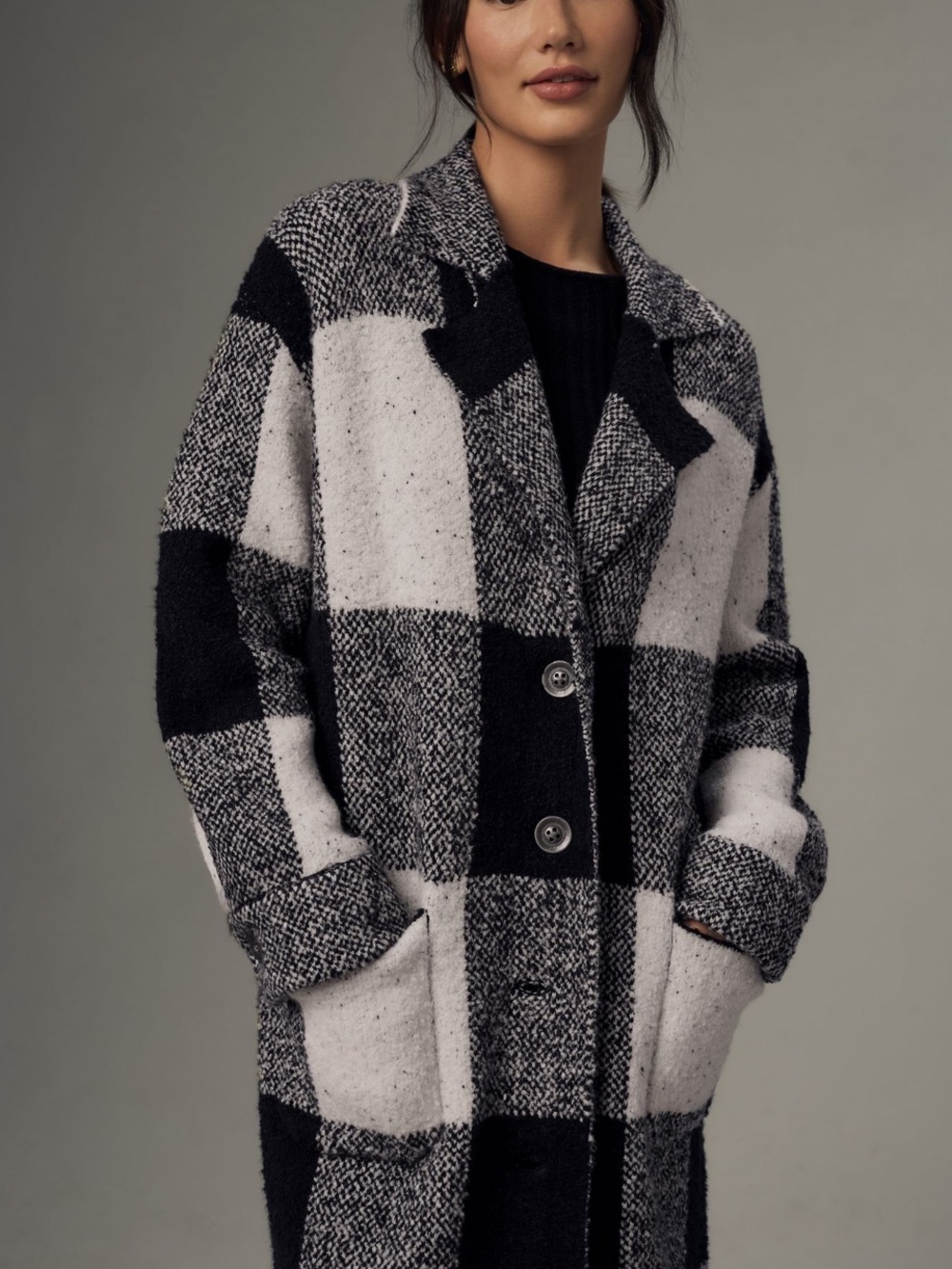 Anthropologie | Pilcro Mackinaw Knit Sweater Coat in Black White Plaid Check XSP - Picture 8 of 14